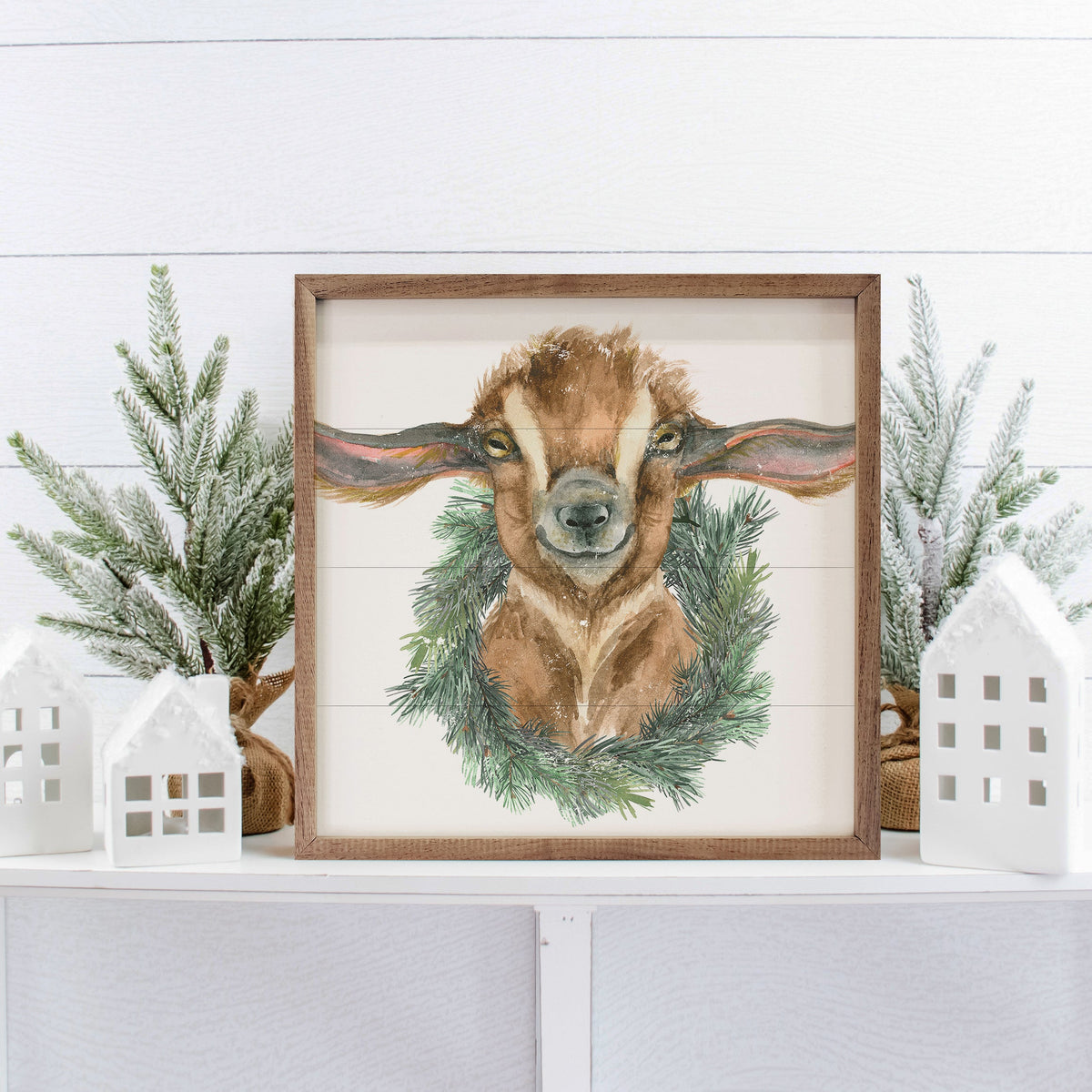 Goat Wreath White Printed and Framed Wall Sign