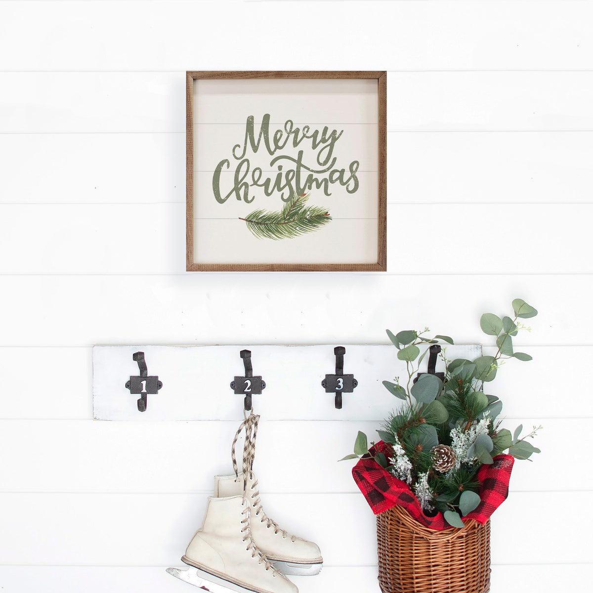 Merry Christmas Green White Printed and Framed Wall Sign