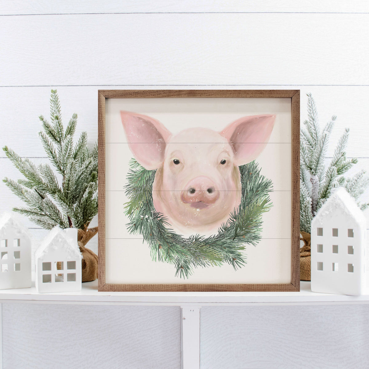 Pig Wreath White Printed and Framed Wall Sign