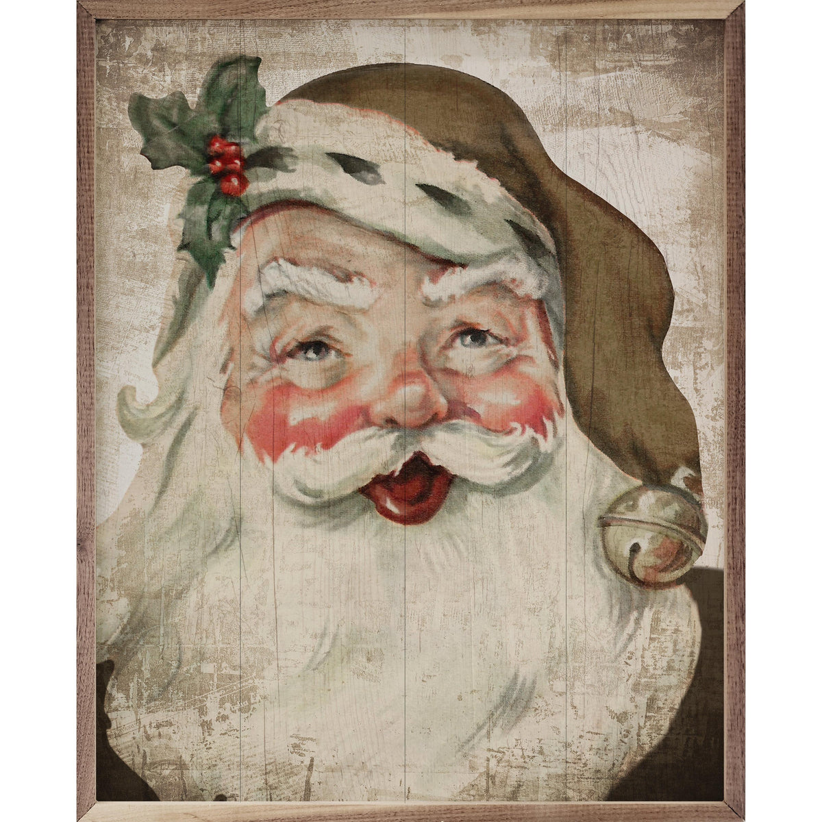 Santa With Bell And Holly Bronze Hat Printed and Framed Wall Sign