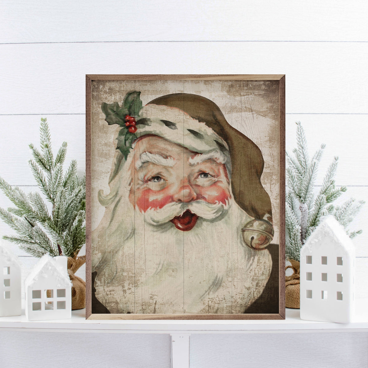 Santa With Bell And Holly Bronze Hat Printed and Framed Wall Sign
