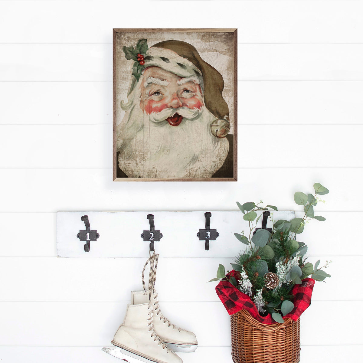 Santa With Bell And Holly Bronze Hat Printed and Framed Wall Sign