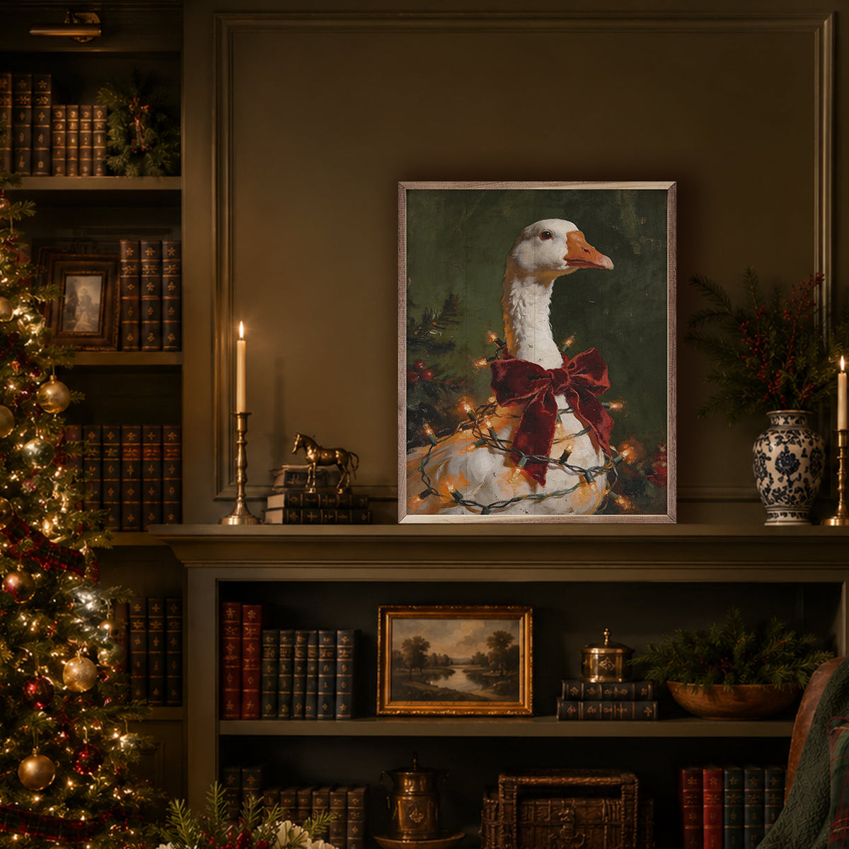 Christmas Goose With Velvet Bow Printed and Framed Wall Sign