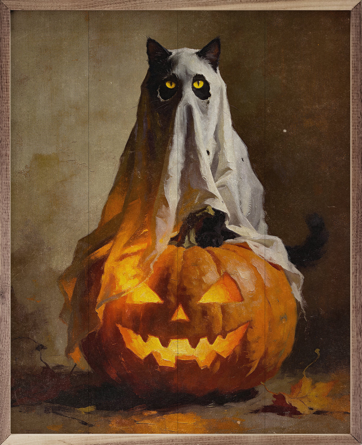 Ghost Kitten On Pumpkin Printed and Framed Wall Sign
