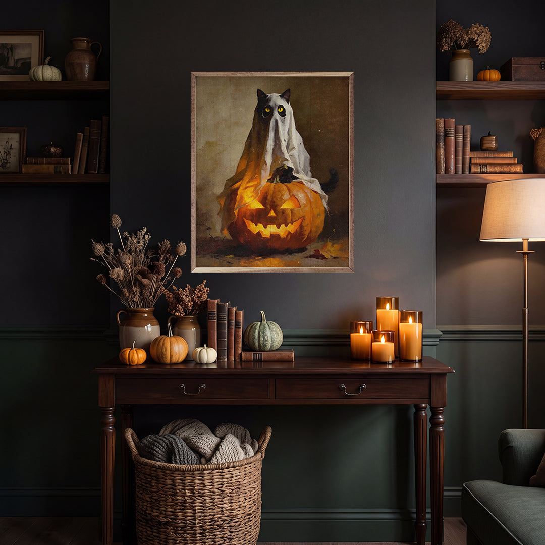 Ghost Kitten On Pumpkin Printed and Framed Wall Sign