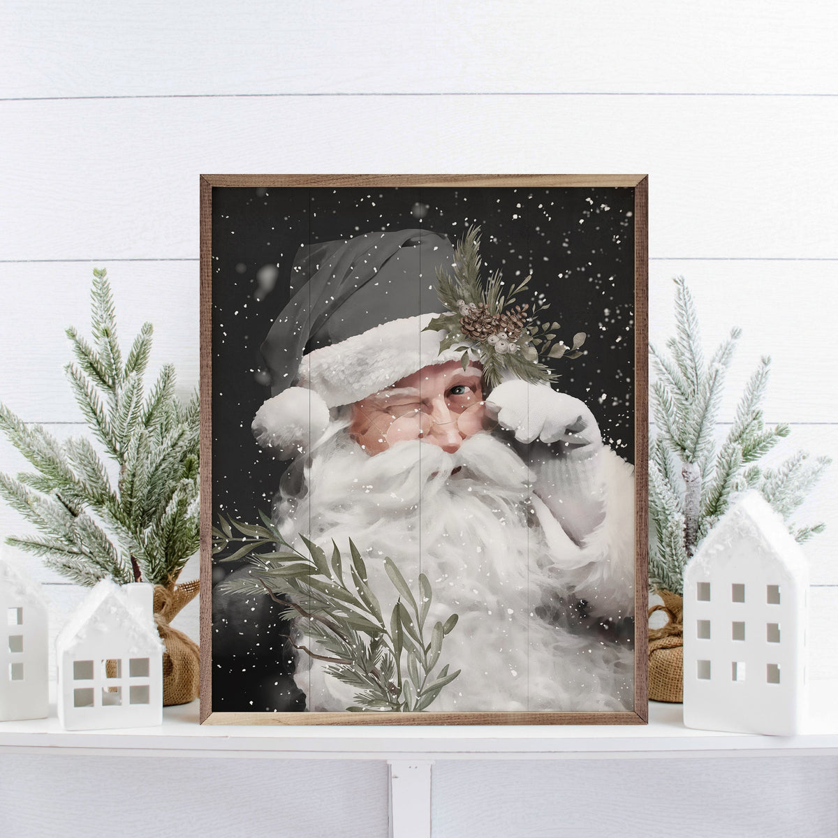 Grayscale Santa Claus Printed and Framed Wall Sign