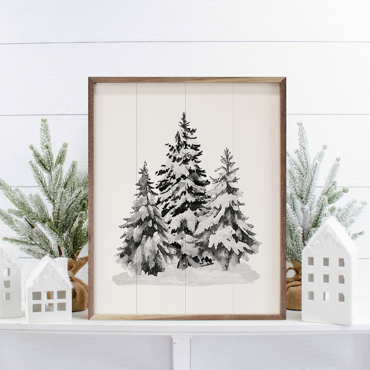 Grayscale Snowy Pines II Printed and Framed Wall Sign