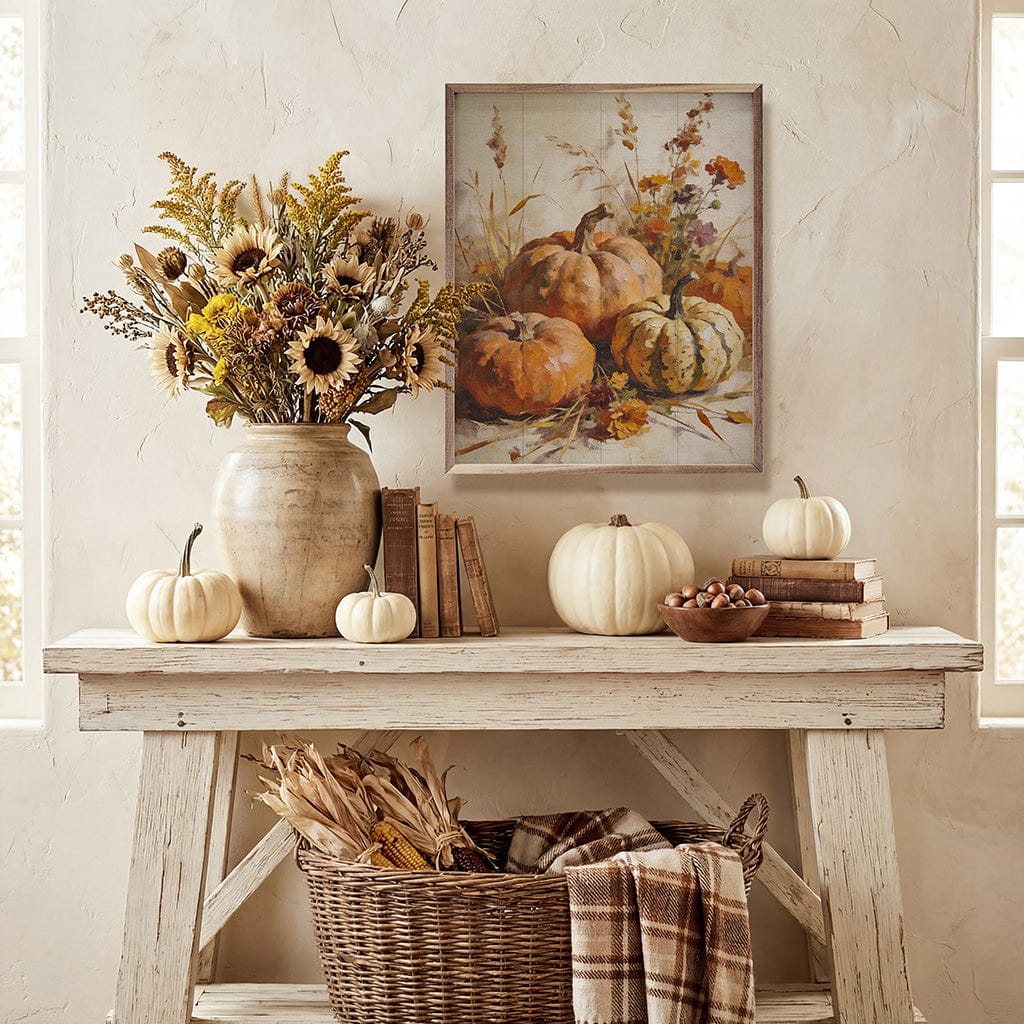 Harvest Pumpkins With Autumn Grasses Printed and Framed Wall Sign