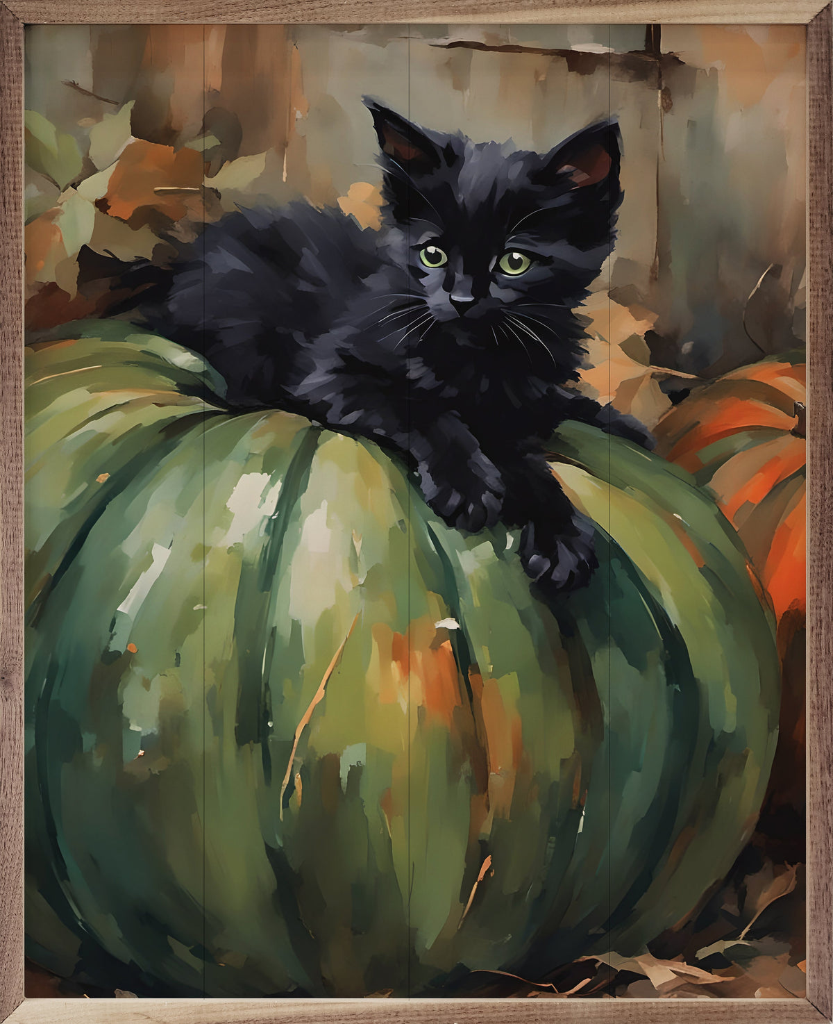 Kitten On Green Pumpkin Printed and Framed Wall Sign