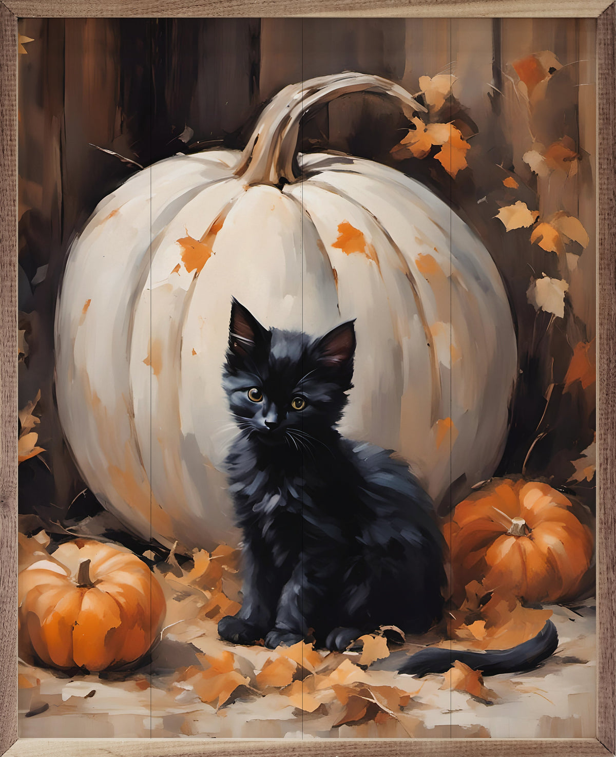 Kitten With White Pumpkin Printed and Framed Wall Sign