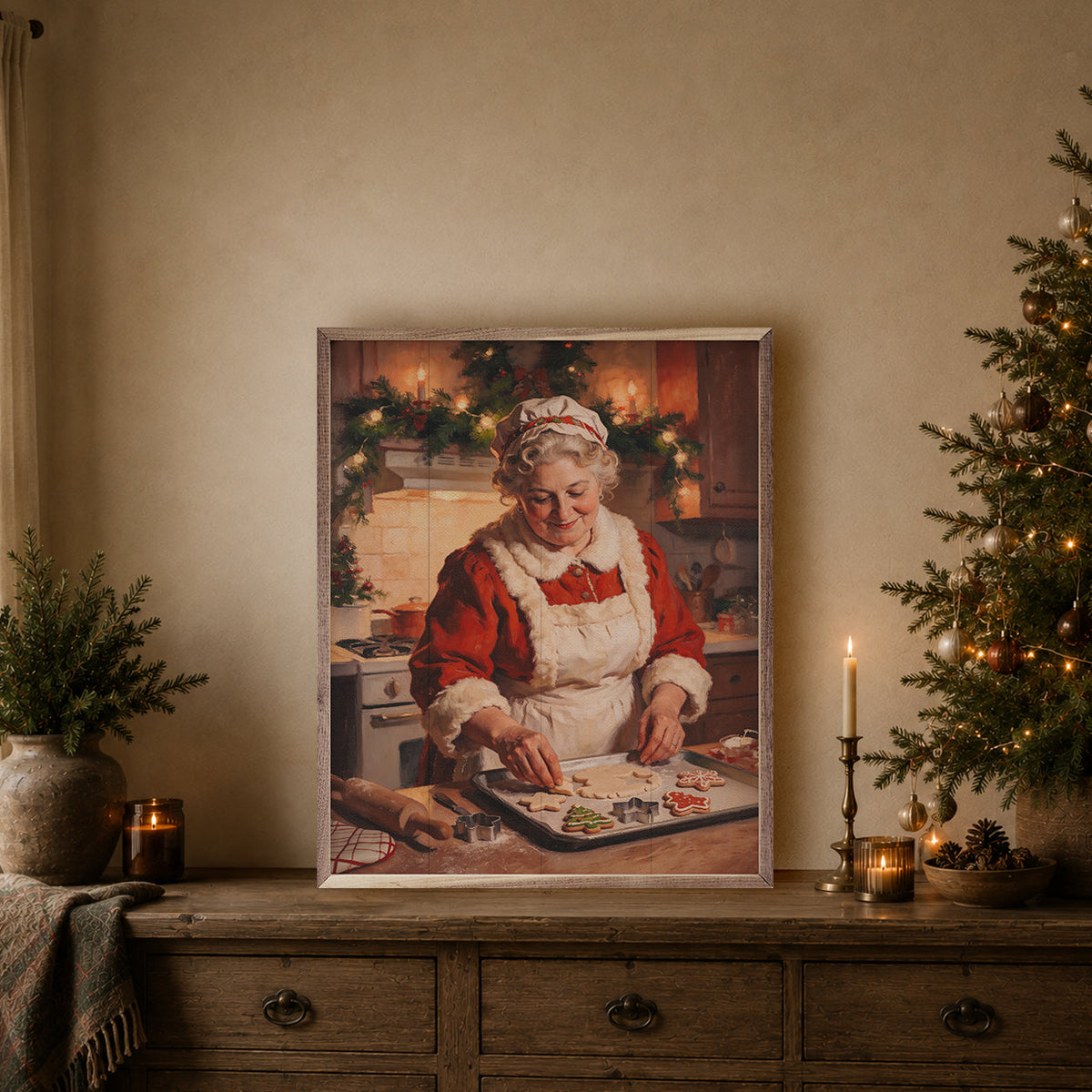Mrs Claus Making Cookies Printed and Framed Wall Sign