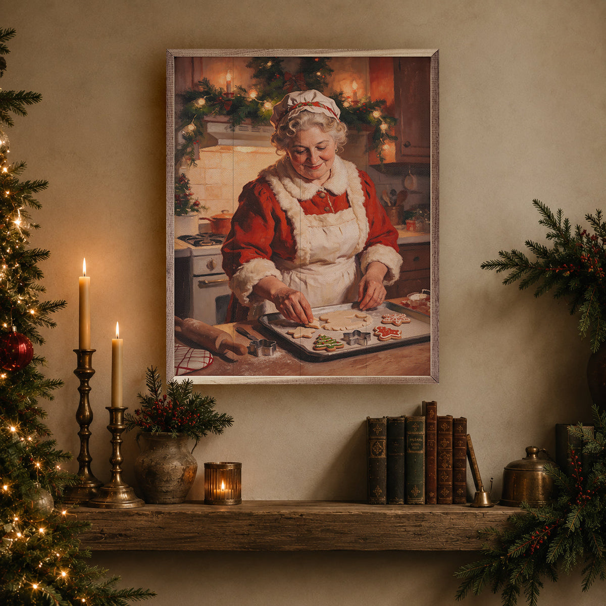 Mrs Claus Making Cookies Printed and Framed Wall Sign