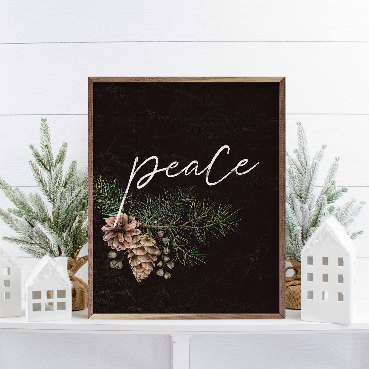 Pinecone Peace Branch Black Printed and Framed Wall Sign