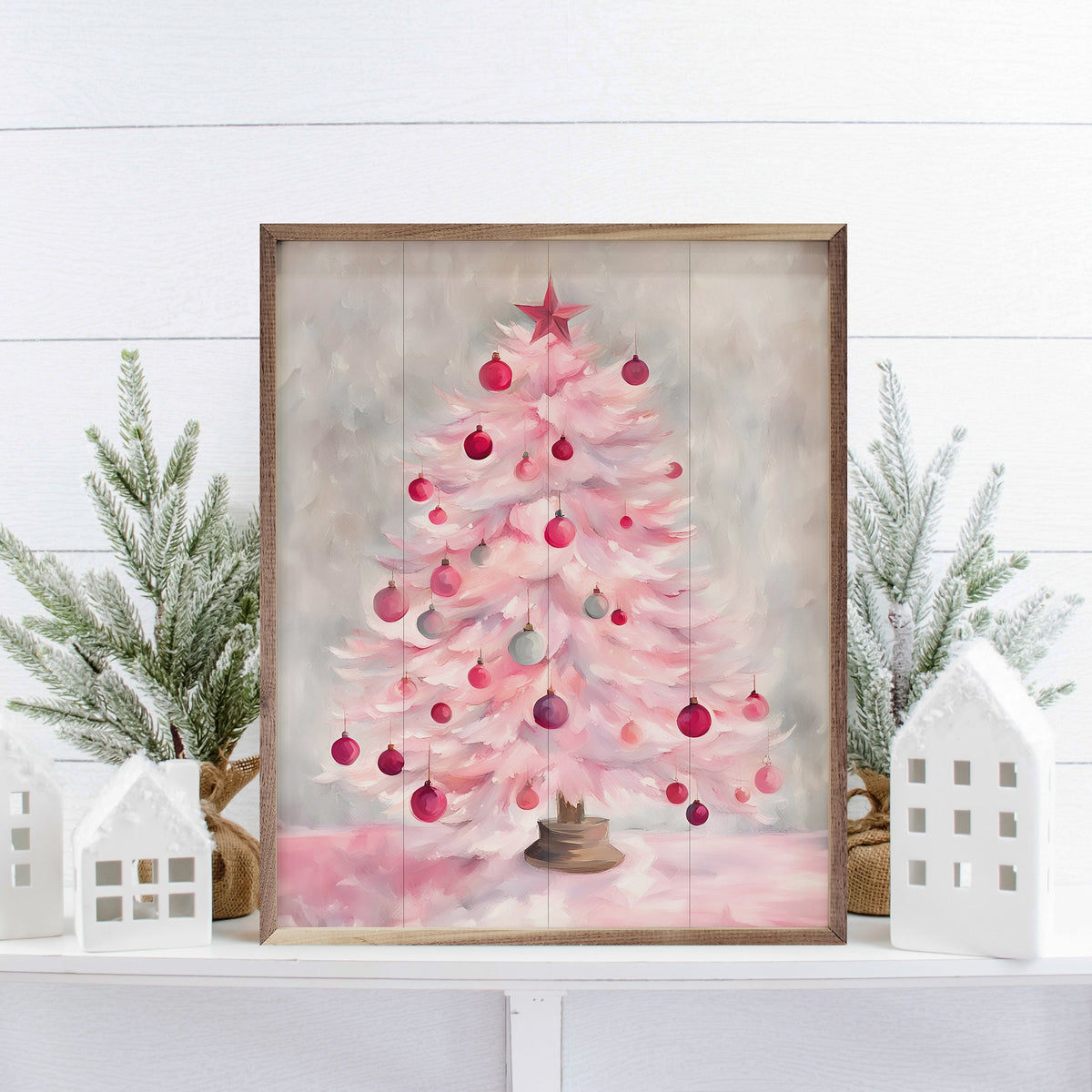 Pink Christmas Tree Printed and Framed Wall Sign