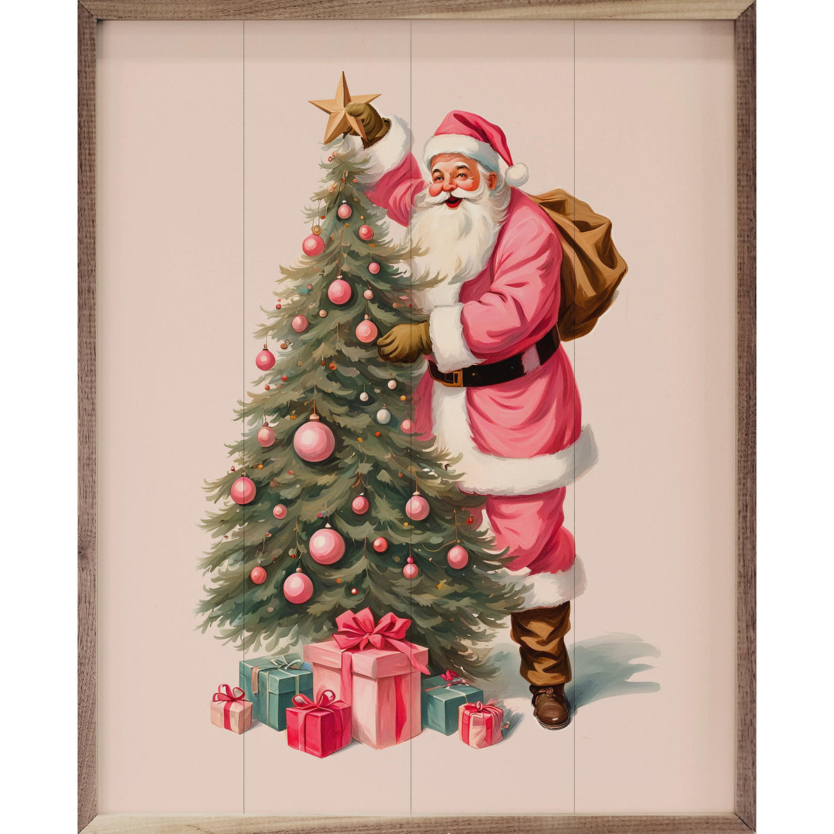 Pink Santa With Christmas Tree White Printed and Framed Wall Sign