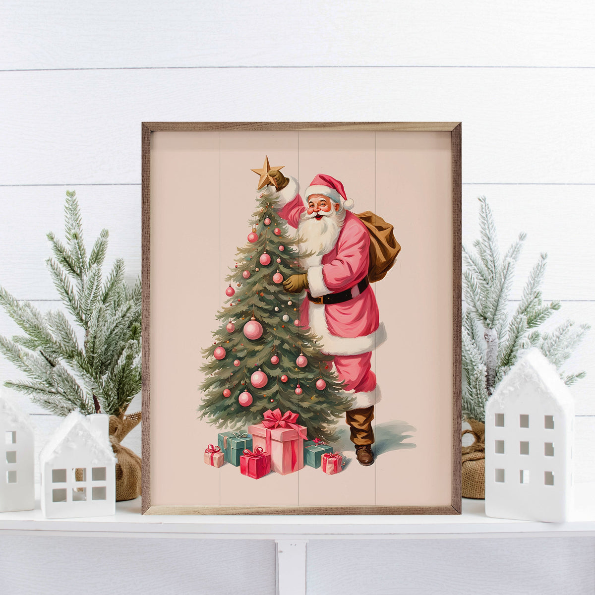 Pink Santa With Christmas Tree White Printed and Framed Wall Sign