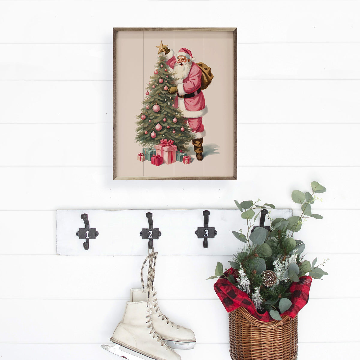 Pink Santa With Christmas Tree White Printed and Framed Wall Sign