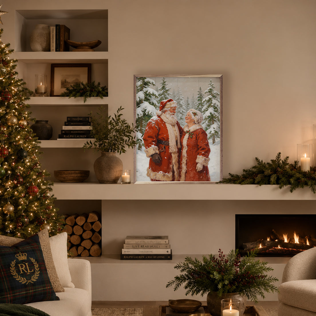 Santa And Mrs Claus In The White Pines Printed and Framed Wall Sign