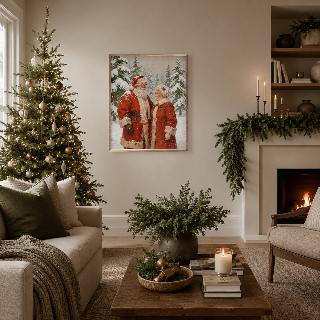 Santa And Mrs Claus In The White Pines Printed and Framed Wall Sign