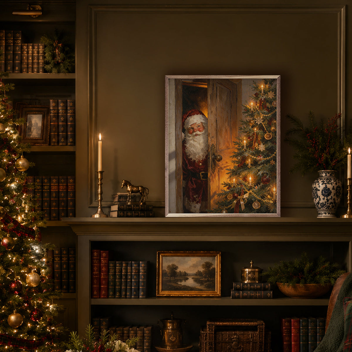 Santa At The Christmas Door Printed and Framed Wall Sign