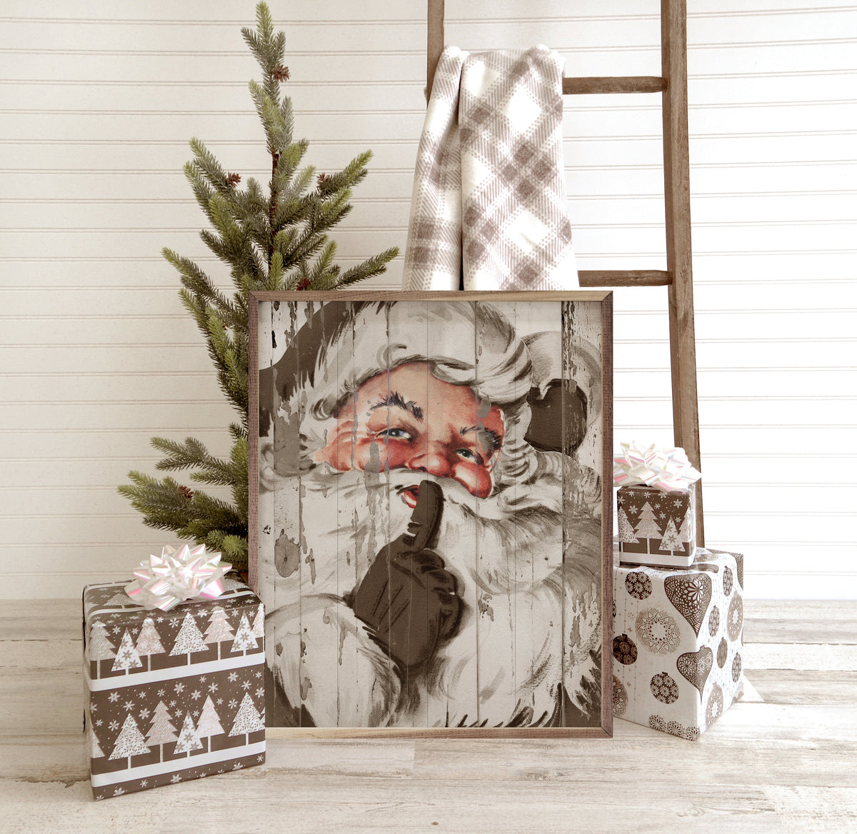 Santa Be Quiet Shh Beige Printed and Framed Wall Sign