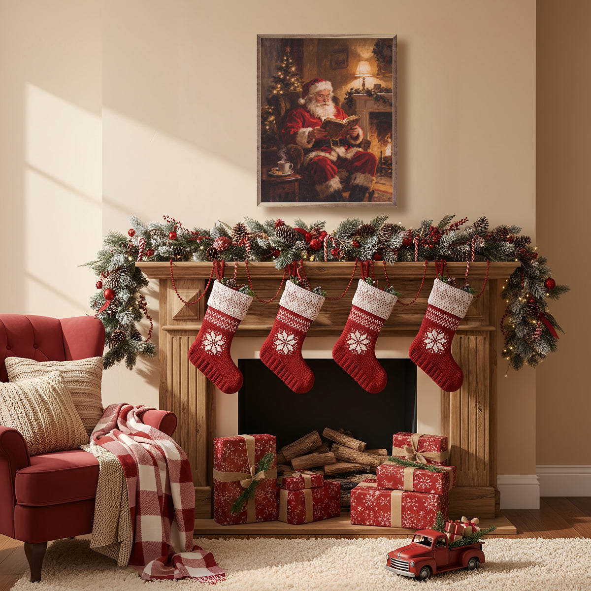 Santa Claus By The Fireplace Printed and Framed Wall Sign