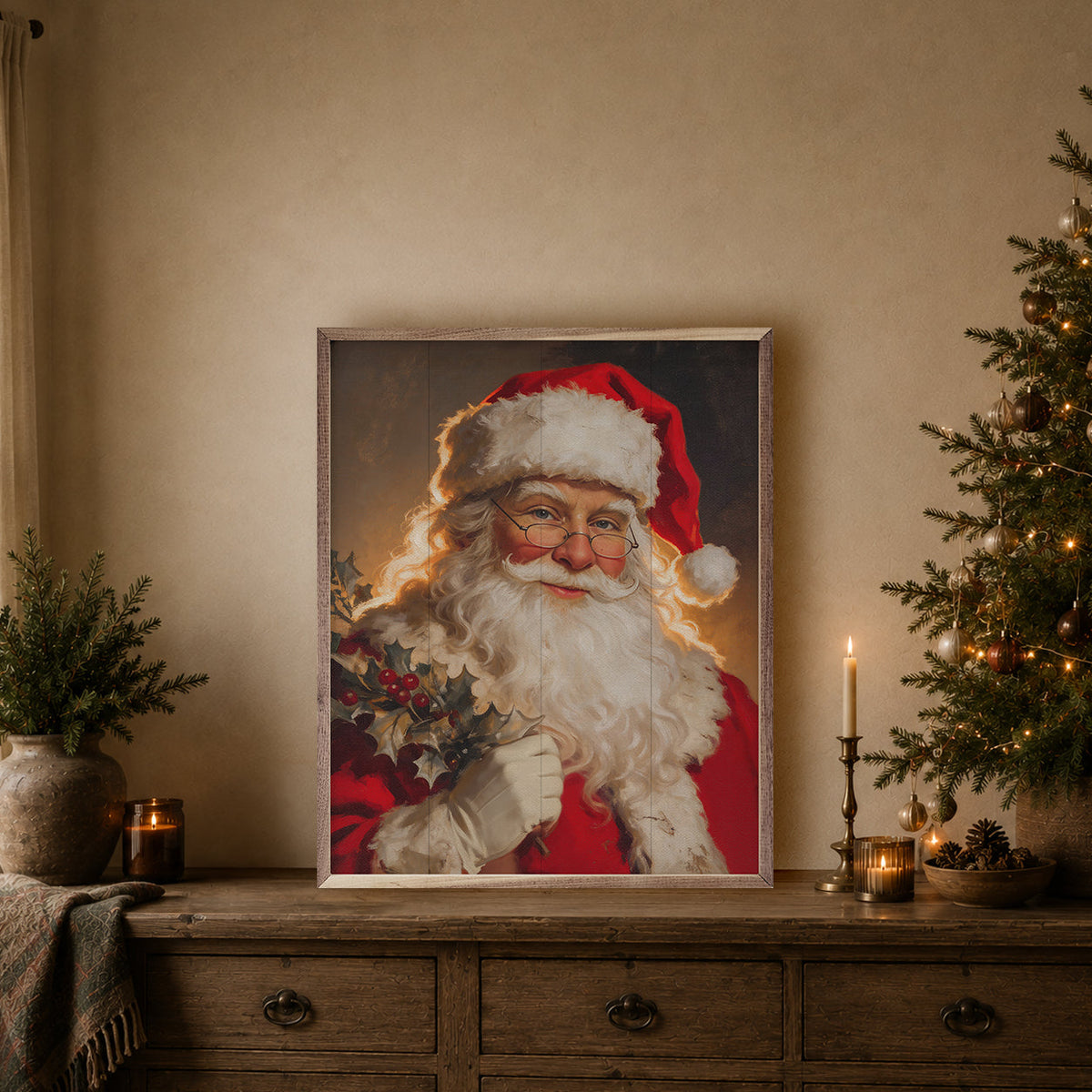 Santa Claus Holding Mistletoe Printed and Framed Wall Sign