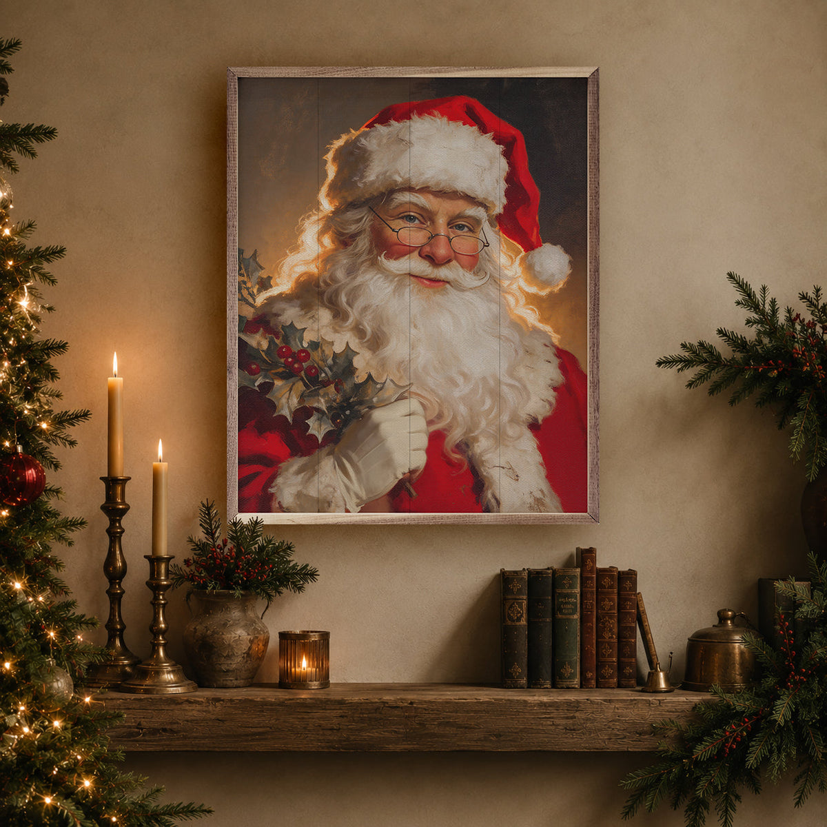 Santa Claus Holding Mistletoe Printed and Framed Wall Sign