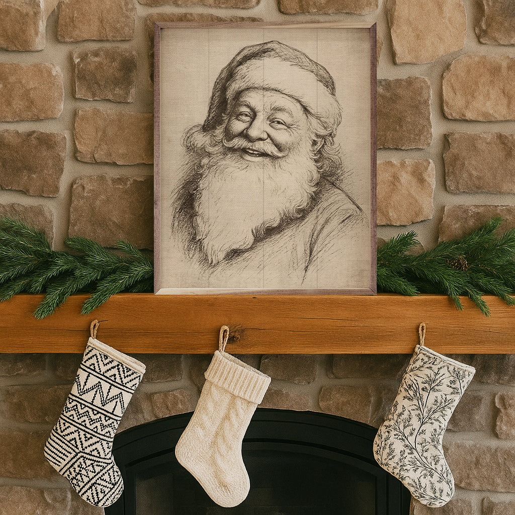 Santa Claus Linocut Printed and Framed Wall Sign