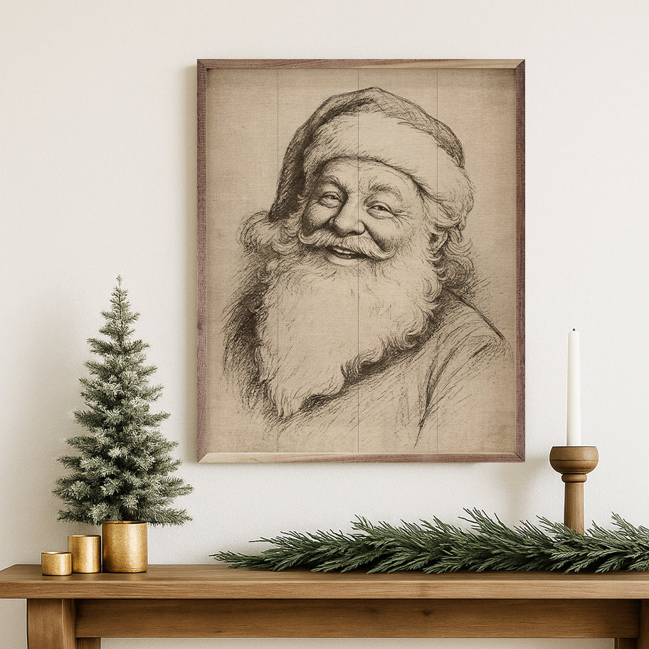 Santa Claus Linocut Printed and Framed Wall Sign