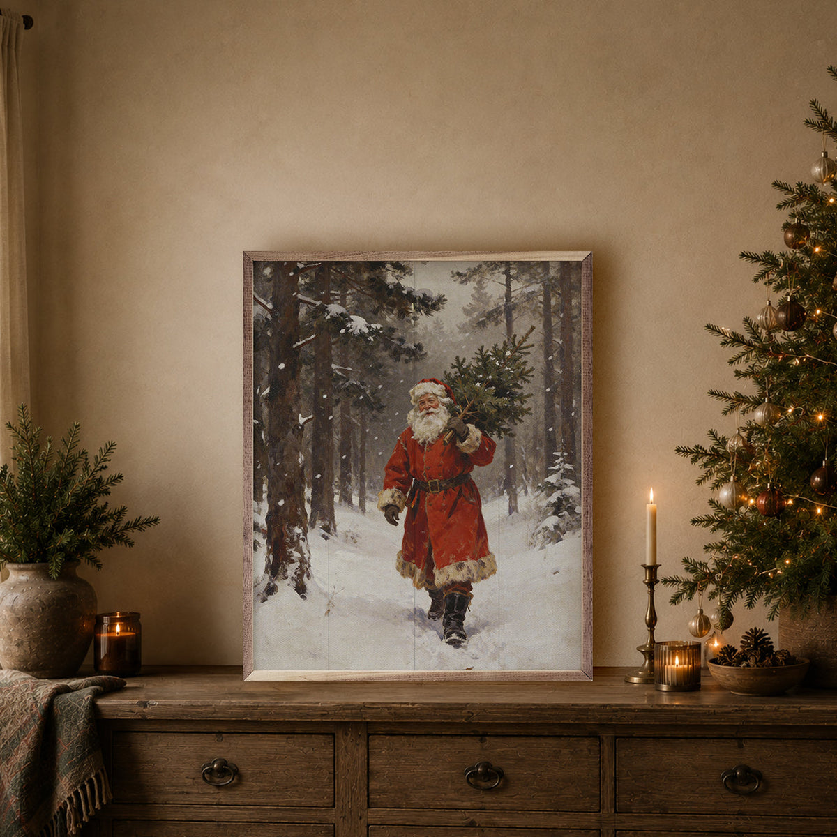 Santa Claus Through The Pines Printed and Framed Wall Sign