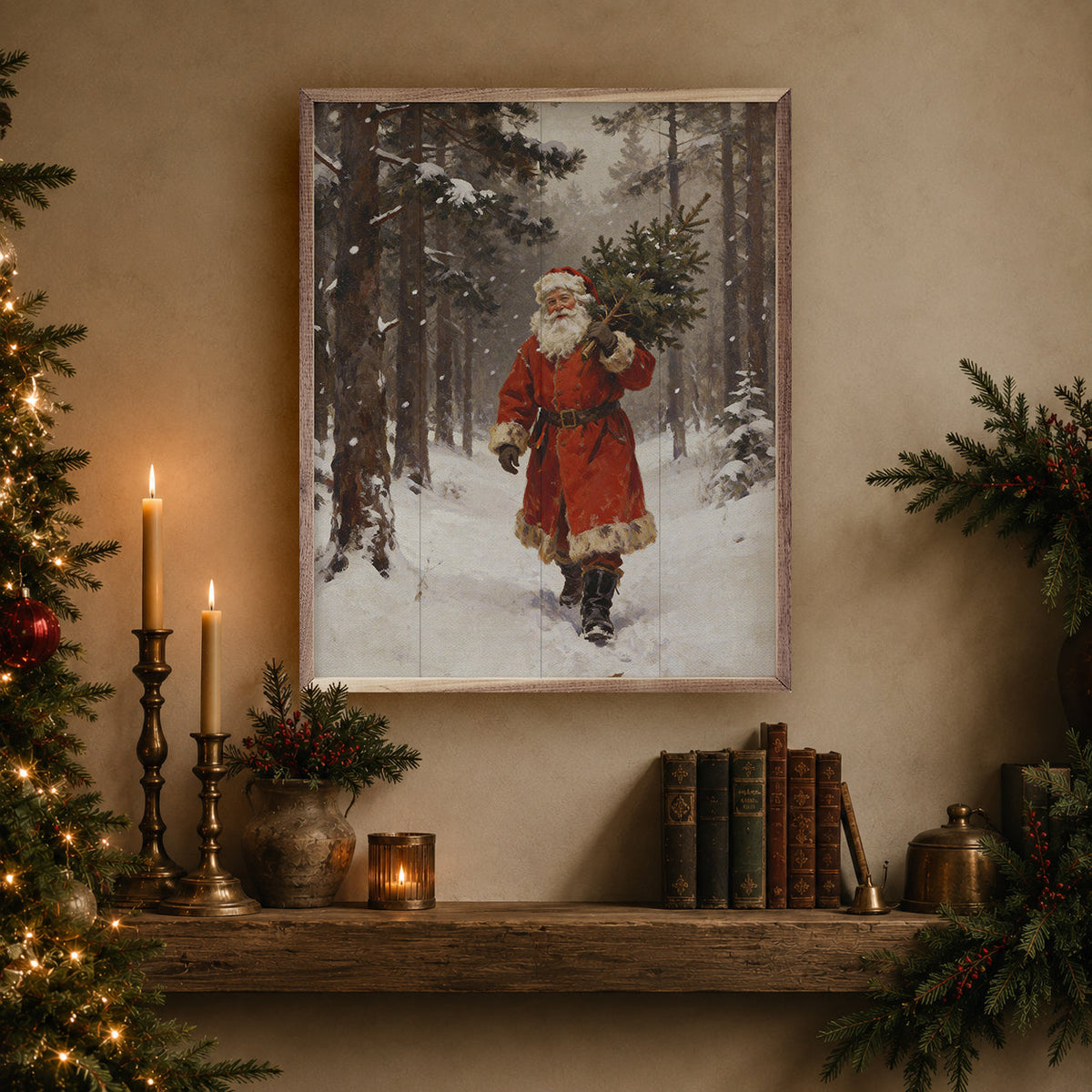 Santa Claus Through The Pines Printed and Framed Wall Sign