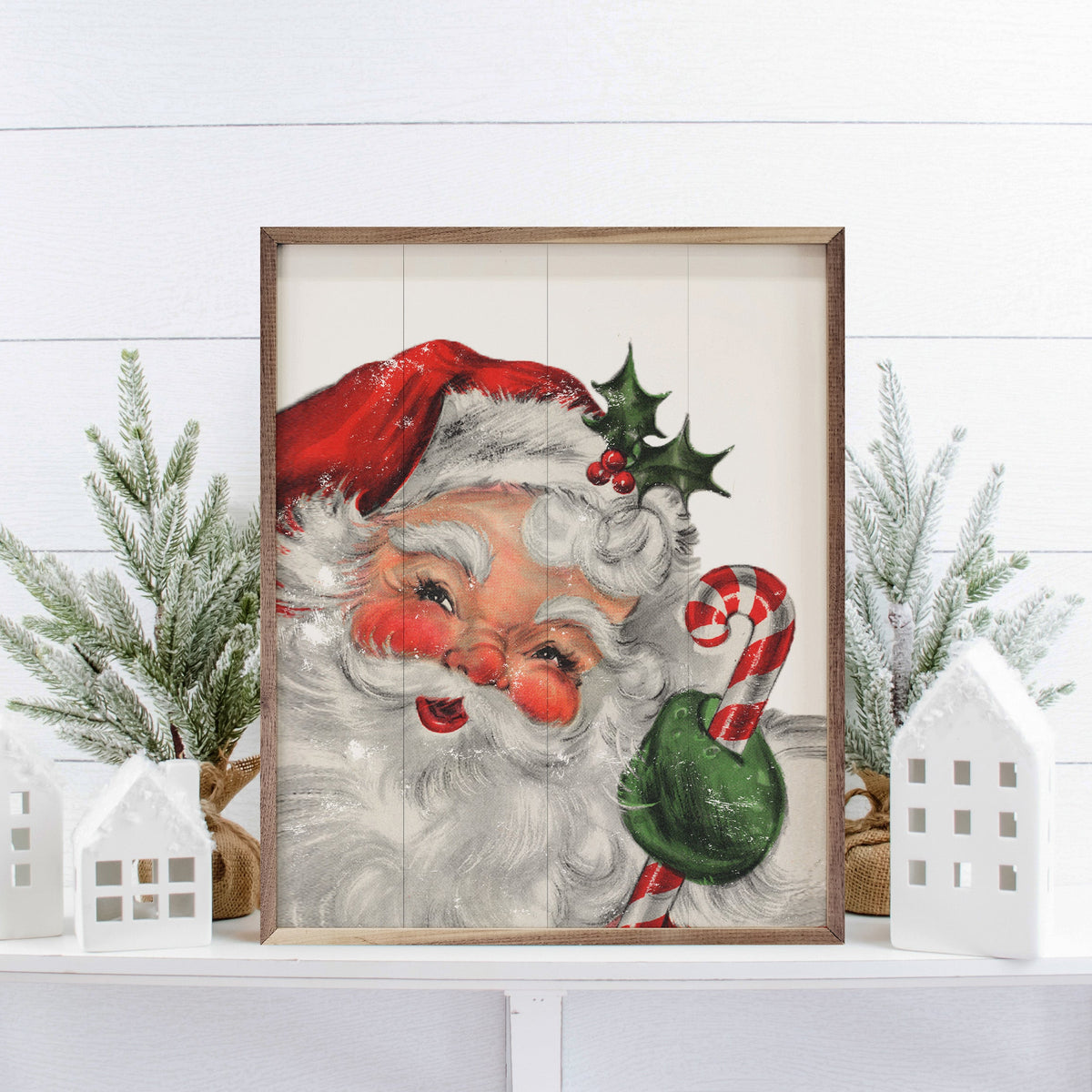Santa With Candy Cane Printed and Framed Wall Sign