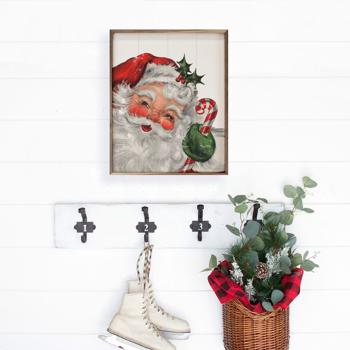 Santa With Candy Cane Printed and Framed Wall Sign