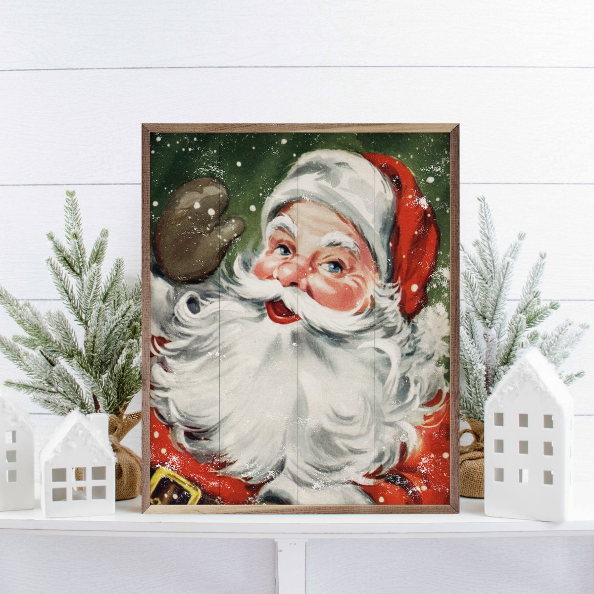 Santa With Snow Green Printed and Framed Wall Sign