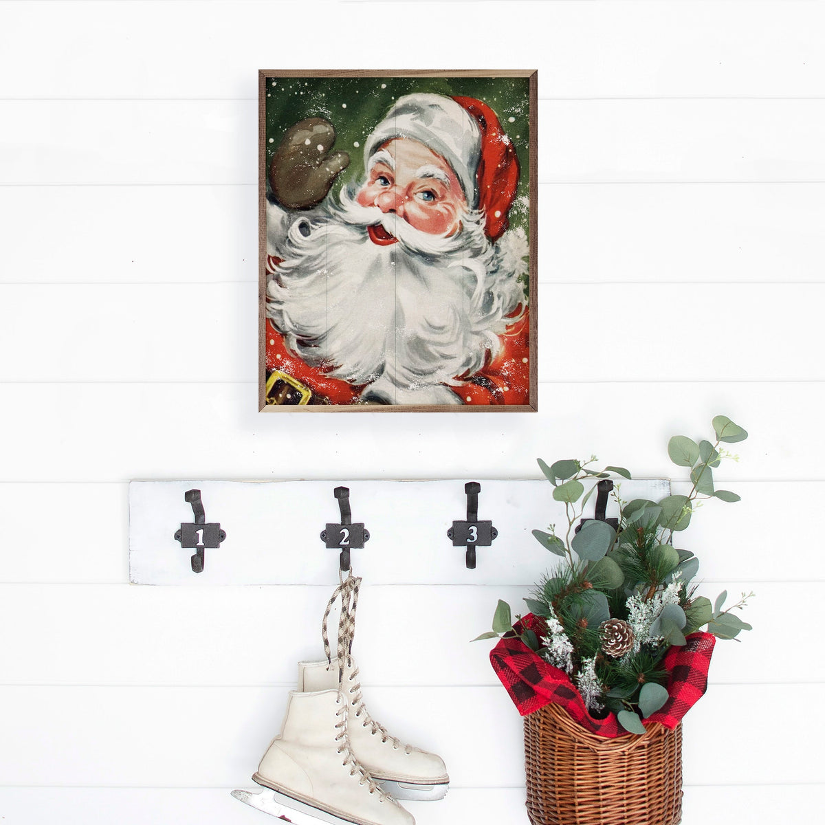Santa With Snow Green Printed and Framed Wall Sign