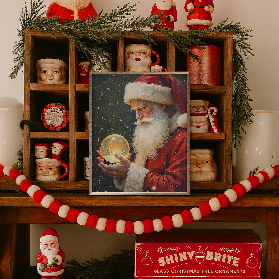 Santa With Snowglobe Printed and Framed Wall Sign