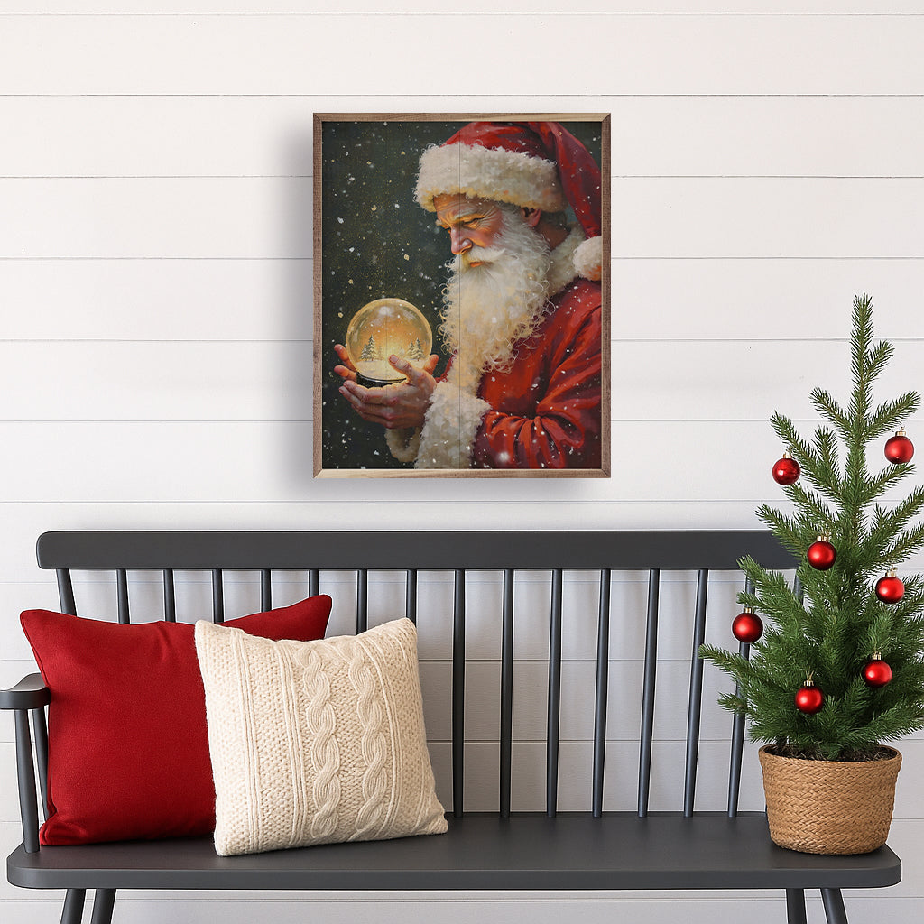 Santa With Snowglobe Printed and Framed Wall Sign