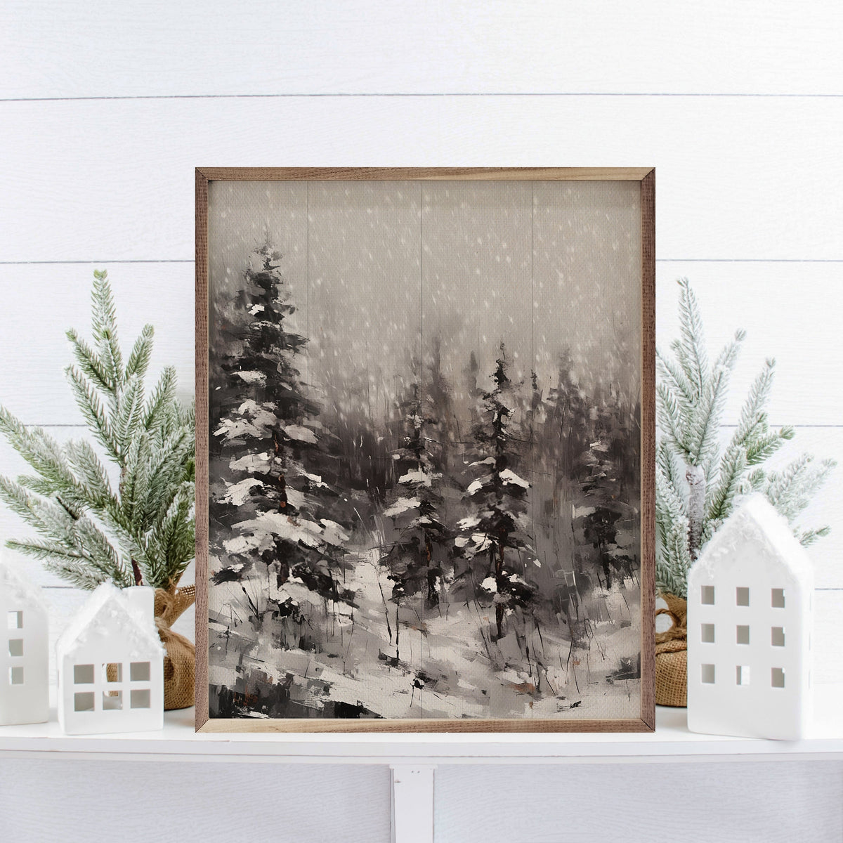 Snowy Pines BW Printed and Framed Wall Sign