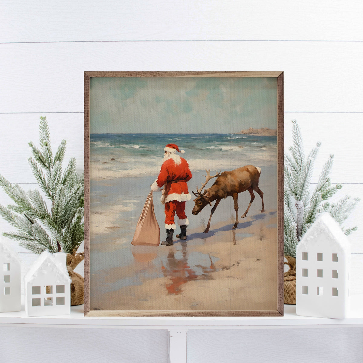 Stroll On The Beach Santa Printed and Framed Wall Sign