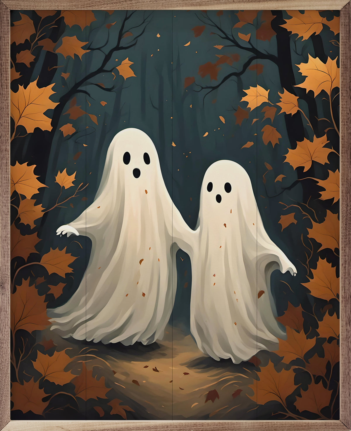 Two Ghost With Orange Leaves Printed and Framed Wall Sign