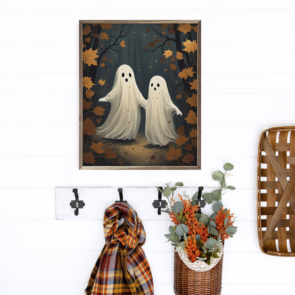 Two Ghost With Orange Leaves Printed and Framed Wall Sign
