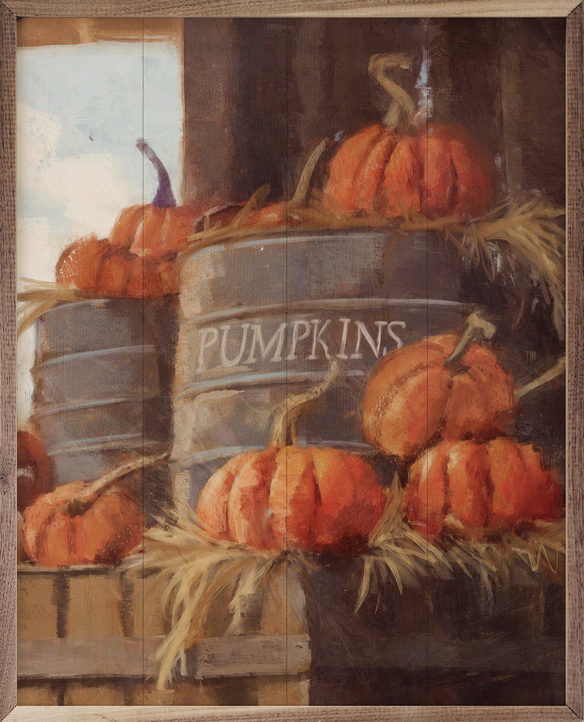 Vintage Pumpkins 3 Cans By Nina Blue Printed and Framed Wall Sign