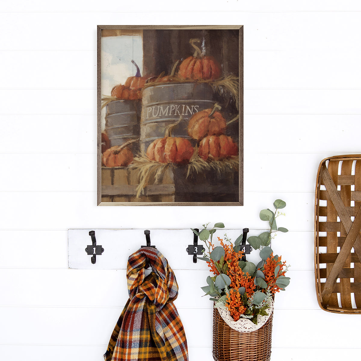 Vintage Pumpkins 3 Cans By Nina Blue Printed and Framed Wall Sign