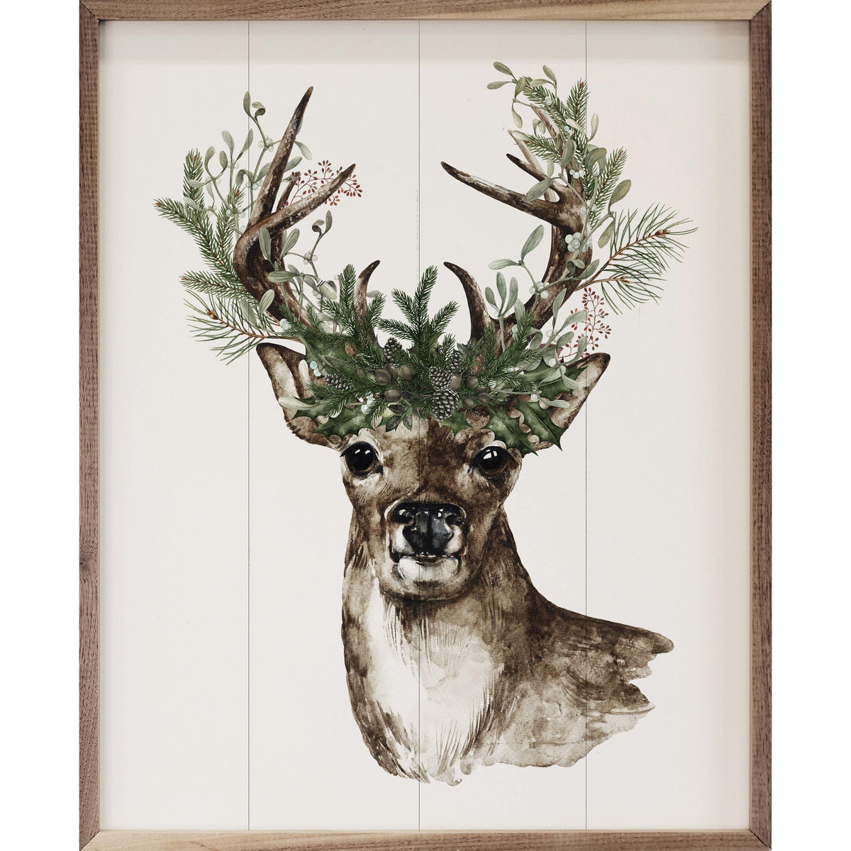 Watercolor Deer Pine Antlers Printed and Framed Wall Sign