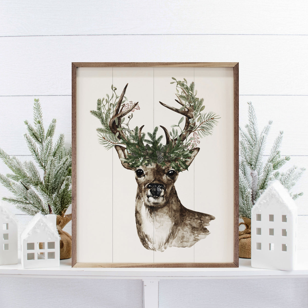 Watercolor Deer Pine Antlers Printed and Framed Wall Sign