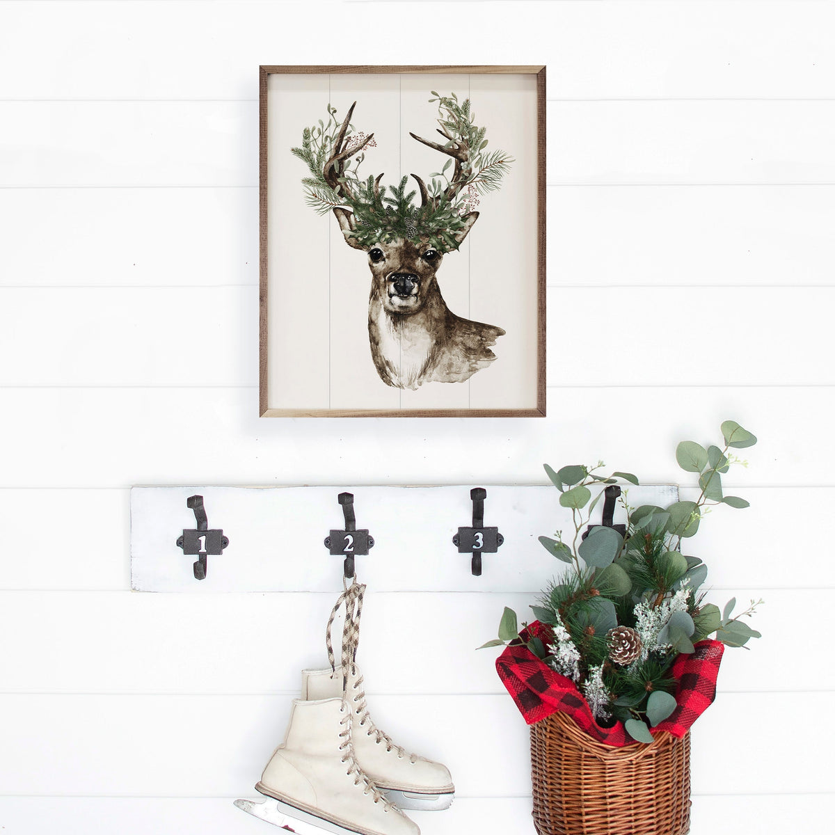 Watercolor Deer Pine Antlers Printed and Framed Wall Sign