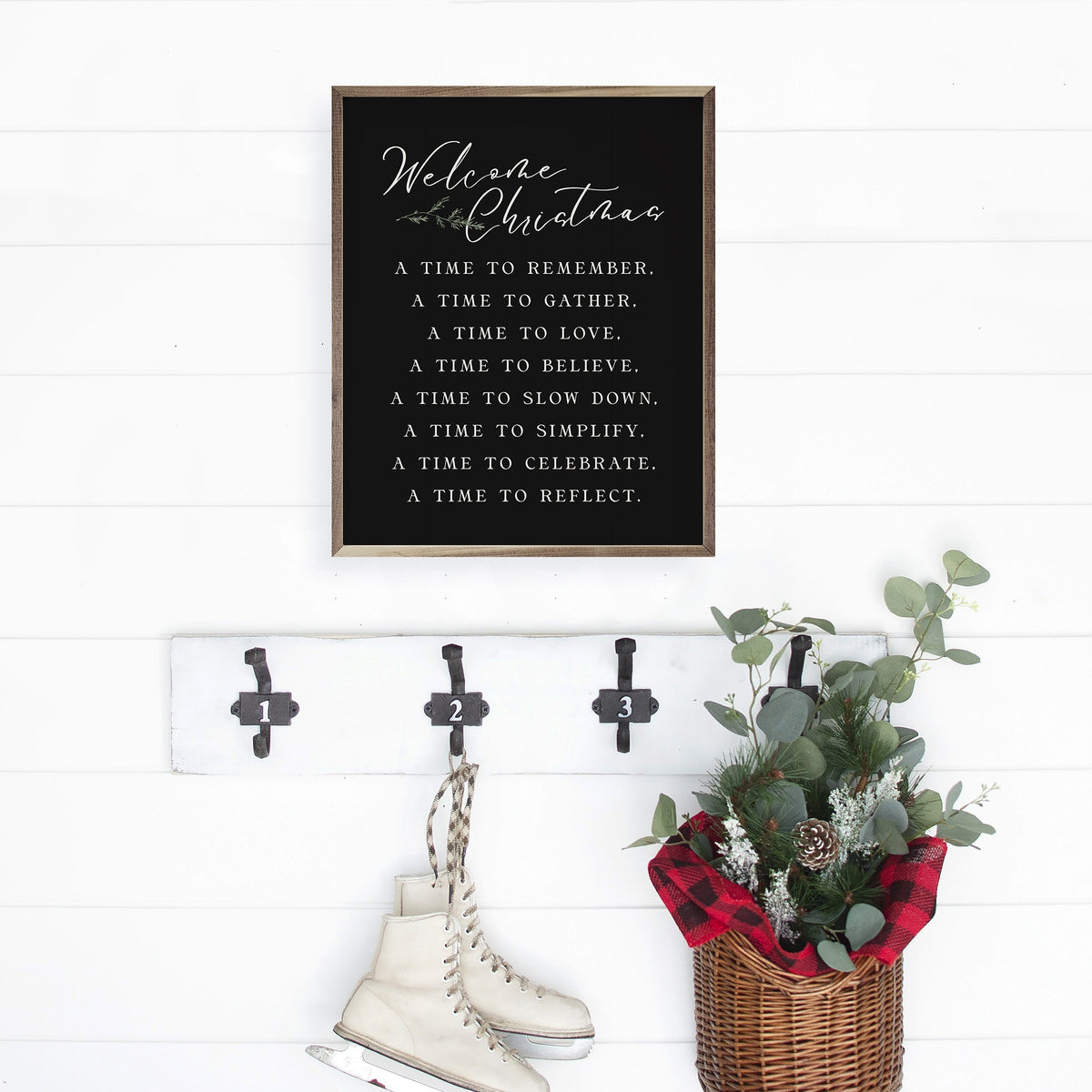 Welcome Christmas A Time Greenery Black Printed and Framed Wall Sign