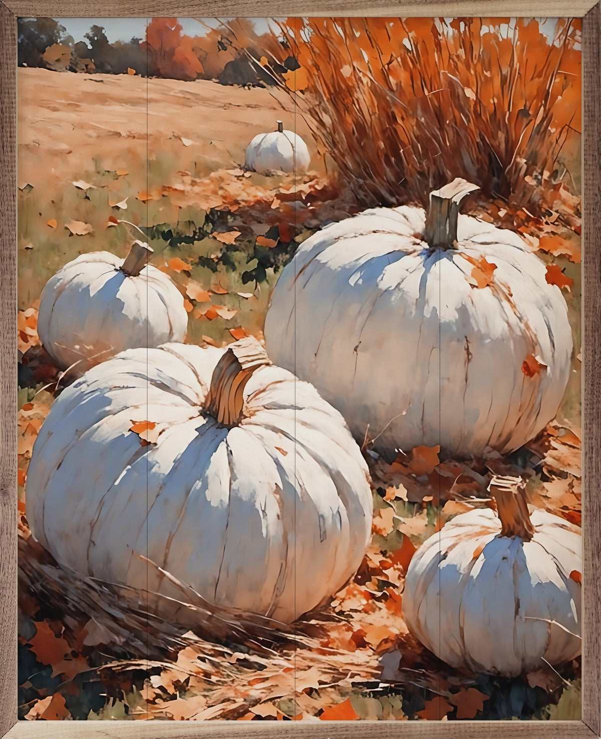 White Pumpkins On Leaves In Field Printed and Framed Wall Sign