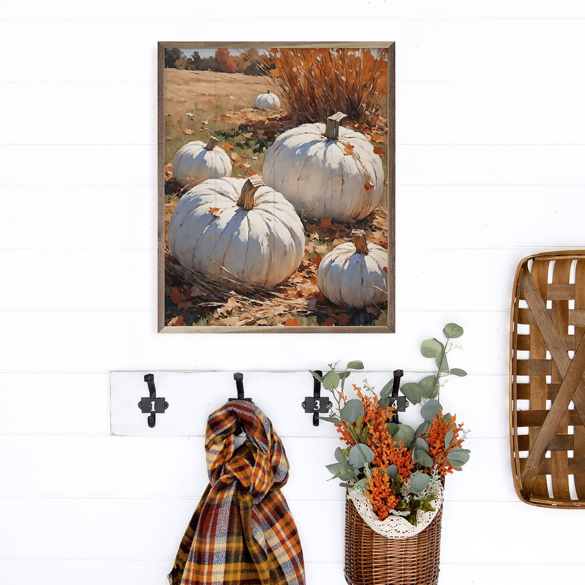White Pumpkins On Leaves In Field Printed and Framed Wall Sign